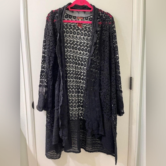 Johnny Was Black Floral Crochet Open Knit Duster Cardigan sz S - Picture 2 of 6